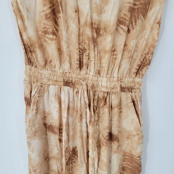 Japna Womens Joggger Jumpsuit M Brown Tie Dye‎ V Neck Boho Keyhole Smocked Waist - Picture 10 of 14